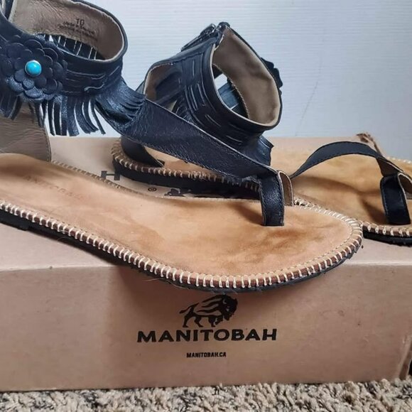 Manitobah Moccasin Co. Leather Sandals, Black w/ Turquoise size 10 - Picture 2 of 4